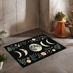 Phases of the Moon Rug – Celestial Floral Design on Black Background for Boho & Mystical Home Decor