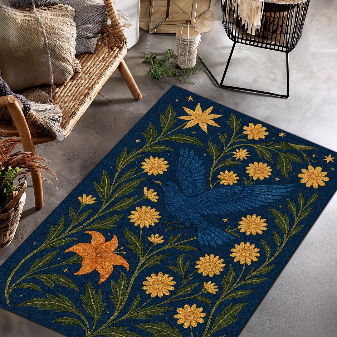 Floral Bird Area Rug With Starry Night Sky – Boho Nature-inspired ...