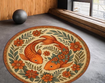 Koi Fish Round Rug, Boho Floral Zen Rug, Japanese Inspired Home Decor, Orange Fish Carpet, Tranquil Harmony Floor Mat