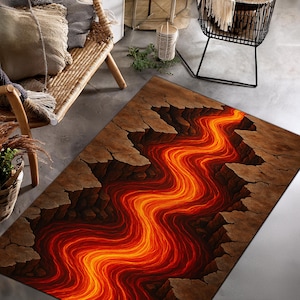 May include: A rectangular rug featuring a vibrant design of a lava river flowing through a cracked, brown earth landscape. The lava is depicted in shades of orange and red, creating a striking visual effect. The rug's design adds a unique touch to any room.