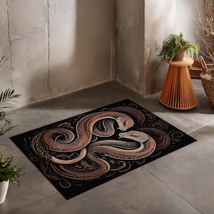 Tappeto con serpenti nero e marrone, tatuaggio gotico con rettile e serpente, stile per arredare la casa, rinnovare il soggiorno e la camera da letto, dormitorio per uomini