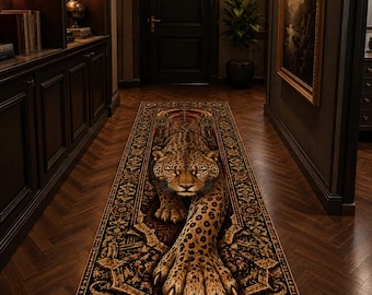 May include: A rectangular runner rug featuring a three-dimensional optical illusion of a leopard emerging from the center. The rug has a dark ornate border with gold and black patterns, while the leopard displays realistic spots and sharp claws.