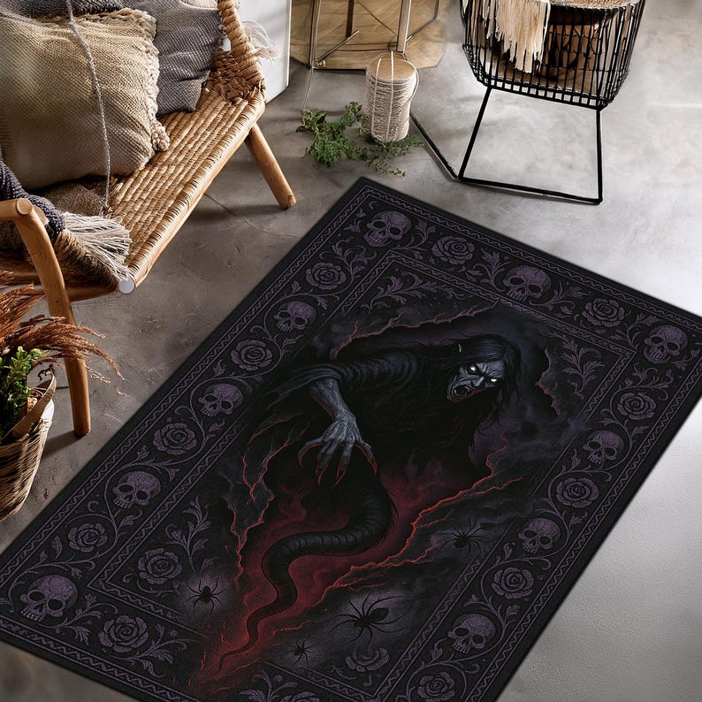 Gothic Phantom Rug With Skull Border, Dark Fantasy Horror Carpet ...