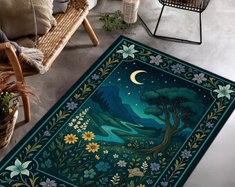 Moonlit Nature Rug – Starry Night Landscape Carpet with Flowers & River, Mystical Green Forest Area Rug, Cottagecore Celestial Decor