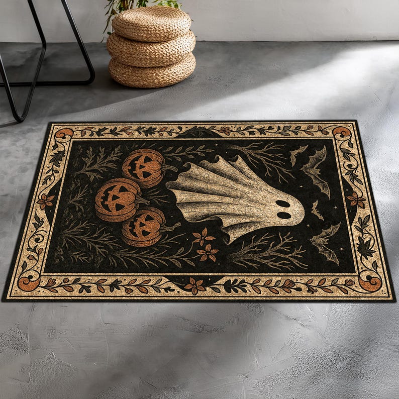 Spooky Halloween Ghost Rug – Vintage Jack-o’-lantern Carpet With Bats ...