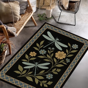Dragonfly Botanical Rug with Wildflowers – Nature-Inspired Dark Garden Carpet, Vintage Insect Decor for Living Room or Entryway