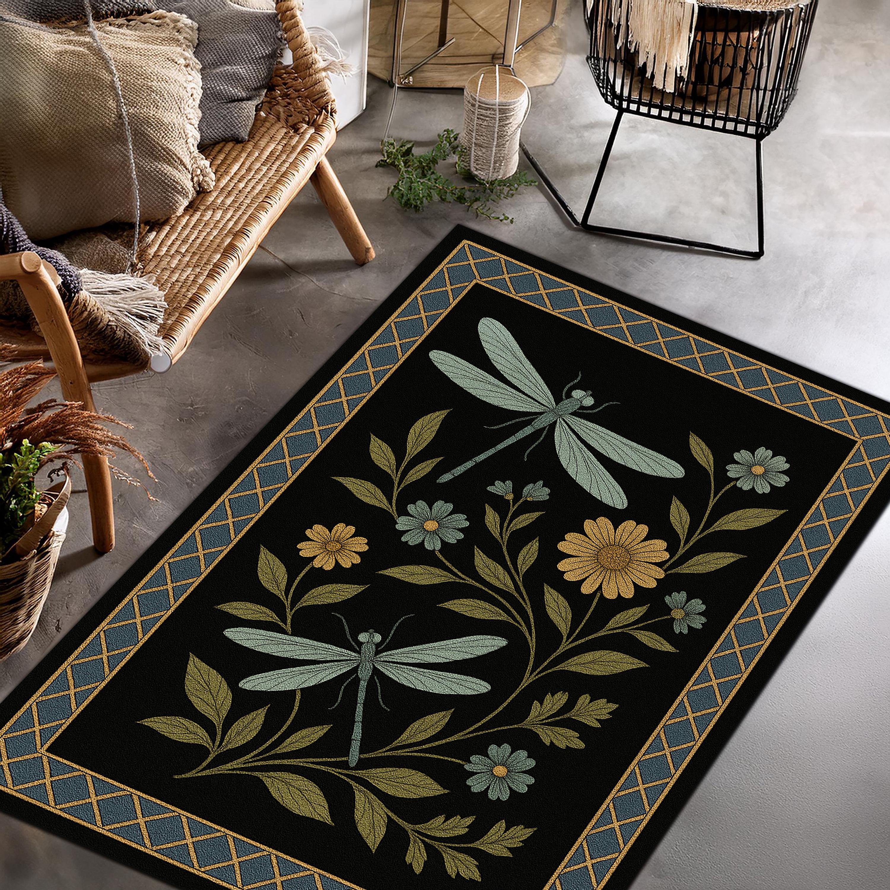 Dragonfly Botanical Rug With Wildflowers – Nature-inspired Dark Garden ...