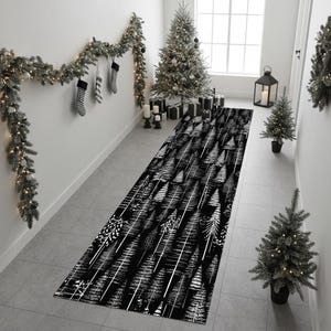 Christmas Tree Runner Rug, Hallway Rug,Black Christmas Rug, Christmas Decorations Rug,Runner Rug,Snowflake Themed Rug, Long Rug,Christmas
