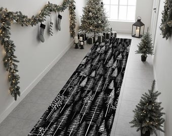Christmas Tree Runner Rug, Hallway Rug,Black Christmas Rug, Christmas Decorations Rug,Runner Rug,Snowflake Themed Rug, Long Rug,Christmas