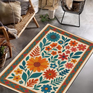 Colorful Floral Rug with Retro Boho Flowers – Vibrant 70s Style Cream Area Carpet for Living Room or Nursery Decor