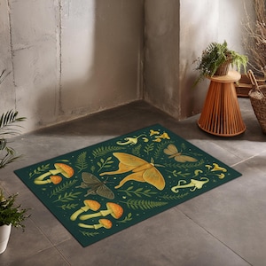 Whimsical Mushroom and Luna Moth Rug – Cottagecore, Goblincore, Witchy, Fairycore Aesthetic Area Rug for Boho or Grunge Room Decor