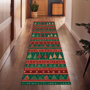 Julgranslöpare, hallmatta, röd julmatta, juldekorationsmatta, löpare, snöflingetematta, lång matta, jul