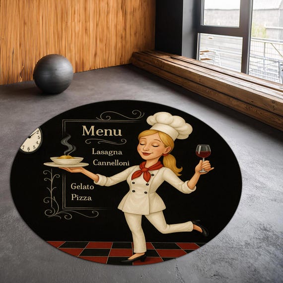 Runder Teppich mit italienischem Menü-Design, schwarzem Hintergrund und Vintage-Bistro-Stil