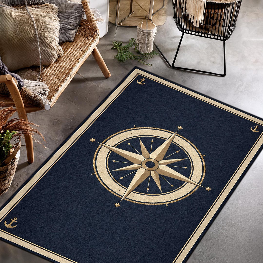Compass Rug Nautical Navigation Design, Minimal Blue Gold Pattern Rug ...