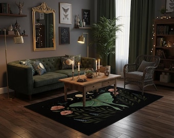 Mystical Luna Moth Rug with Moon Phases and Floral Elements – Boho Celestial Carpet for Witchy, Nature-Inspired Home Decor
