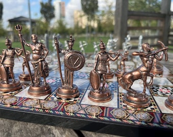 Greek Mythology Chess Set – Metal Figures on Mother-of-Pearl Mosaic Wood Board – Luxury Handmade Gift