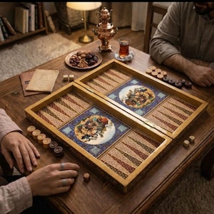 Può includere: Un gioco da tavolo in legno con un design decorativo. Il tavolo è aperto, rivelando la superficie di gioco. Dadi e pedine sono visibili sul tavolo di legno. Il tavolo ha un'immagine circolare centrale e uno sfondo a motivi.