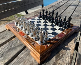 Luxury Handmade Wooden Chess Set with Solid Metal Pieces | Personalized Chess Board Gift | Inlaid Mosaic Design | 34x34 cm Premium Chess Set