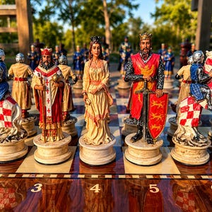 Puede incluir: Un conjunto de piezas de ajedrez detalladas con temática medieval sobre un tablero de madera pulida. Las figuras incluyen caballeros a caballo con mantas a cuadros rojos y blancos, un obispo con túnicas rojas y doradas, una reina con vestido crema y un rey con espada.