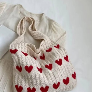Bolsa tote de corações, presente estético para um ente querido, bolsa tote feita à mão, bolsa tote de ombro, bolsa de transporte, bolsa de ombro, bolsa de lã