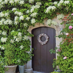 May include: A dark brown wooden door with a round, twig wreath hanging on it. The door is surrounded by lush green foliage and white flowers. A stone pillar and potted plants are on the left, with a brick wall and rose bushes on the right.