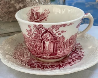 Vintage - English Abbey Tea Cup and Saucer - Red and White
