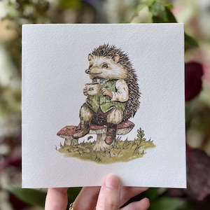 Gezellige vierkante wenskaart egel met envelop | Egelliefhebbers, cottagecore, grillig, alle gelegenheden | 155 mm x 155 mm