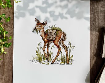 Grafika z jelonkiem w śniegu | Fantazyjna dekoracja ścienna z małym jelonkiem
