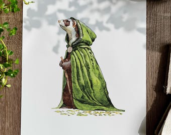 Whimsical Ferret Art Print | Fantasy Animal in Green Cloak