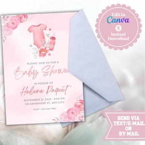 Sweet Rose Baby Shower Invitation, Editable Baby Girl Shower Invite, Digital Invite Printable Instant Download, Baby Girl Baby Shower