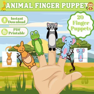 Animal Finger Puppets Printable, 20 Paper Puppets Templates, DIY Kids Crafts, Kids Activity, Instant download, PDF