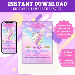 Invito di compleanno unicorno modificabile, invito di compleanno per ragazze, download digitale, invito unicorno
