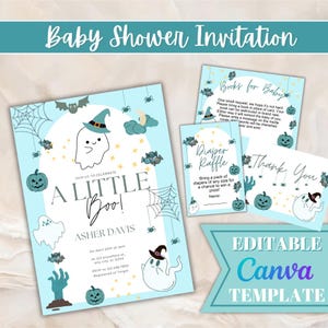 Editable Boy Baby Shower Invitation Bundle, &#39;A Little boo is Due&#39; Baby Shower Invite, Blue Halloween Baby Shower Invitation