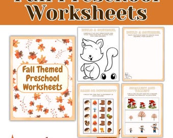 May include: A set of printable fall-themed preschool worksheets. The worksheets feature activities like building a squirrel, same or different, and smallest and tallest. The worksheets are decorated with a fall leaf pattern.