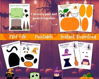 May include: Halloween-themed kid crafts printable. The image features printable templates to build a zombie, pumpkin, cat, and witch. The text includes "PDF file", "Printable", and "Instant Download". The background is a wooden texture with Halloween decorations.