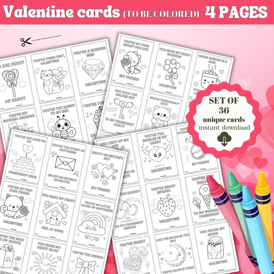 Valentine Coloring Cards, Printable Valentines Coloring Cards, Kid's ...