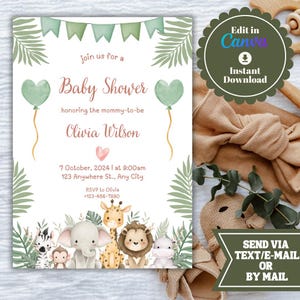 Editable Safari Baby Shower Invitation, Jungle Animals Baby Shower Invite, Editable Digital Template, Gender Neutral Baby Shower, Printable
