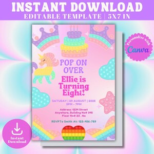 Editable Pop It Birthday Invitation, Printable Invitation, Pop it girl birthday party, invitation template