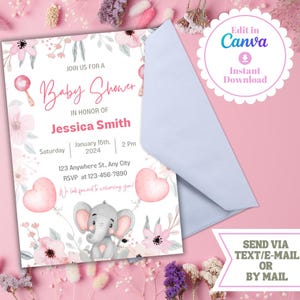 Editable Girl Elephant Baby Shower Invitation Pink Floral Elephant Baby Shower Invite Digital Invitation Editable Template Printable