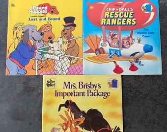 Vintage 1980s book assortment, Pound Puppy, Rescue Rangers, Secret of Nimh, Mrs. Brisby's Important Package, book collection