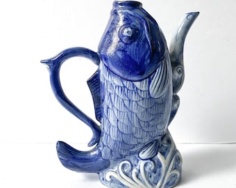 Vintage standing blue fish teapot, Chinese blue and white pottery