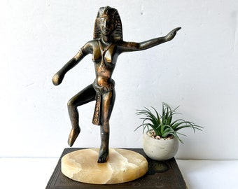 Vintage Bronze Egyptian Revival Sculpture on Alabaster, Female Goddess or Lady Figurine