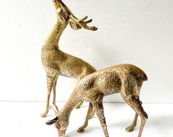 Vintage Large Brass Deer Pair, Over 12", Holiday Reindeer Decor