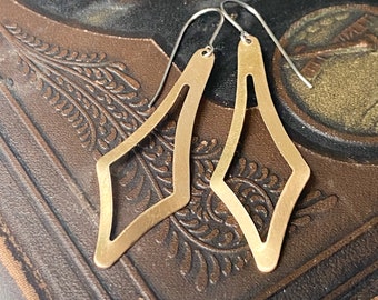 Brass diamond shaped dangle earrings, lightweight long earrings