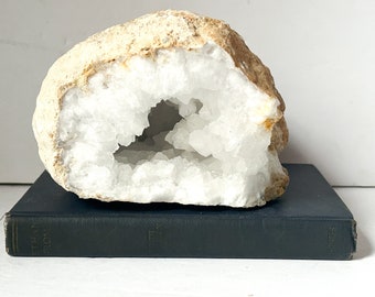 Large white crystal geode sculpture, natural decor, geological specimen