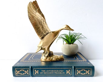 Vintage brass duck in flight, cottage core decor