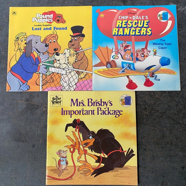 Vintage 1980s book assortment, Pound Puppy, Rescue Rangers, Secret of Nimh, Mrs. Brisby's Important Package, book collection