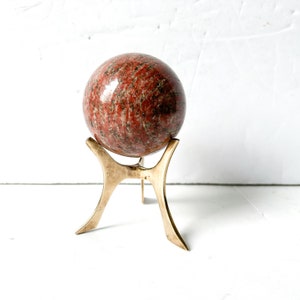 Vintage stone sphere on brass stand, red jasper, marble decor image 10