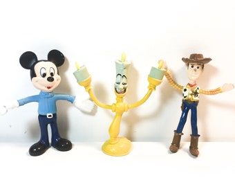 Vintage Disney Bendy Figurines, Mickey Mouse, Lumiere, Woody, Toy Story, bendable action figures