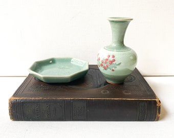 Vintage Asian Celadon Bud Vase and trinket dish